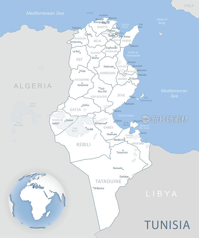Blue-gray detailed map of Tunisia administrative divisions and location on the globe.